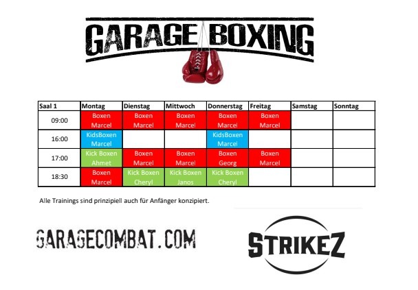 Stundenplan für Boxkurse im Garage Boxing Gym